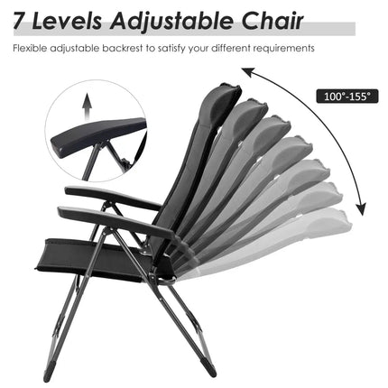 2 Pieces Portable Patio Folding Dining Chairs with Headrest Adjust for Camping -Black - Black - Patio Dining Chairs
