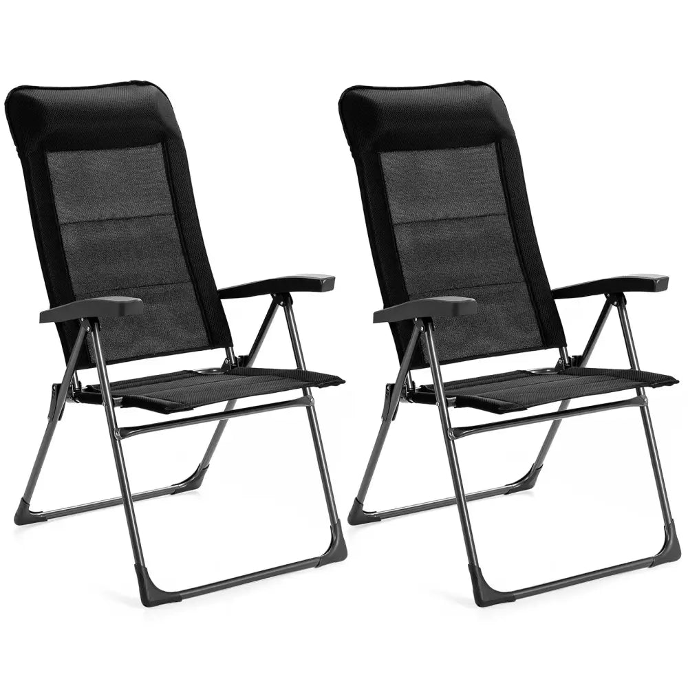 2 Pieces Portable Patio Folding Dining Chairs with Headrest Adjust for Camping -Black - Black - Patio Dining Chairs