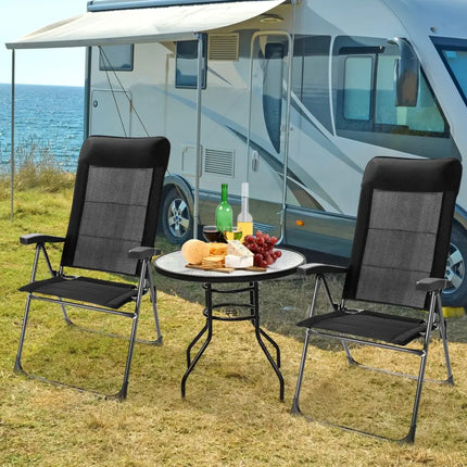 2 Pieces Portable Patio Folding Dining Chairs with Headrest Adjust for Camping -Black - Black - Patio Dining Chairs