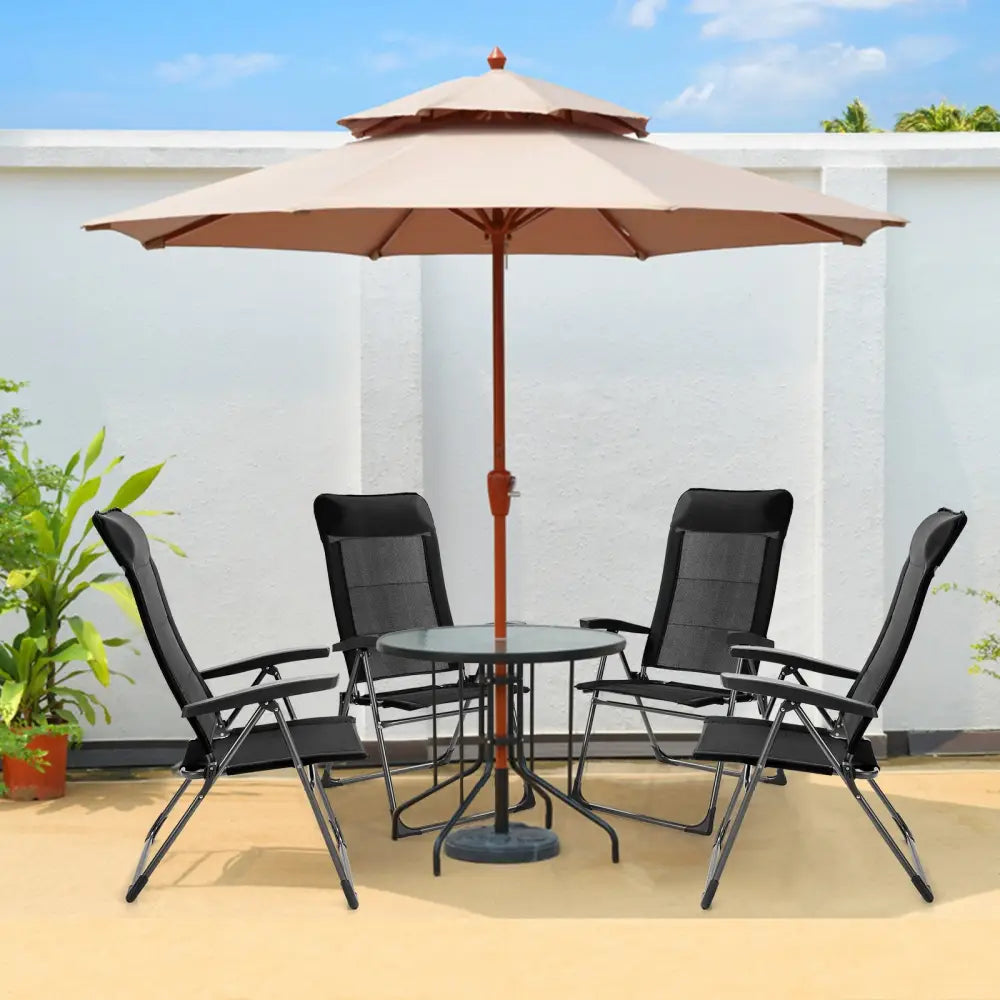 2 Pieces Portable Patio Folding Dining Chairs with Headrest Adjust for Camping -Black - Black - Patio Dining Chairs