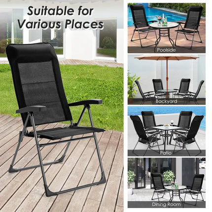 2 Pieces Portable Patio Folding Dining Chairs with Headrest Adjust for Camping -Black - Black - Patio Dining Chairs