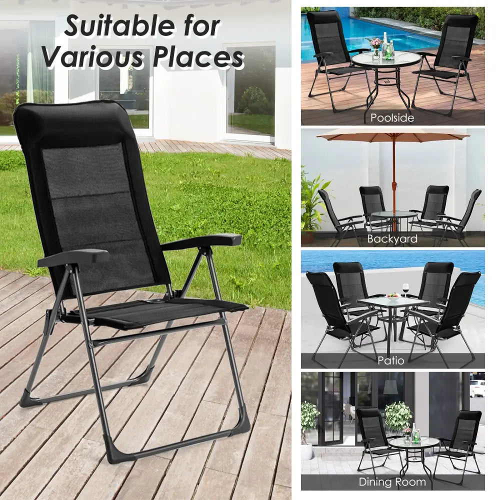 2 Pieces Portable Patio Folding Dining Chairs with Headrest Adjust for Camping -Black - Black - Patio Dining Chairs