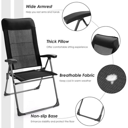 2 Pieces Portable Patio Folding Dining Chairs with Headrest Adjust for Camping -Black - Black - Patio Dining Chairs