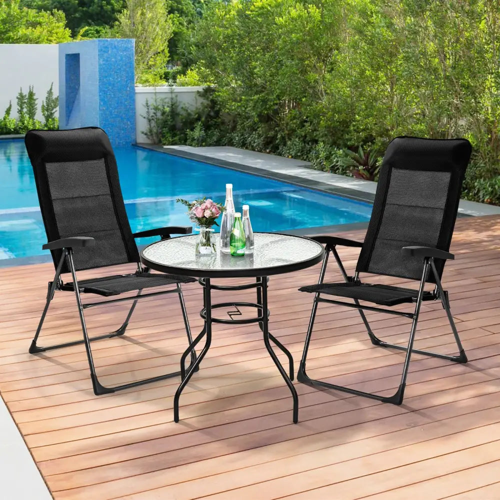 2 Pieces Portable Patio Folding Dining Chairs with Headrest Adjust for Camping -Black - Black - Patio Dining Chairs