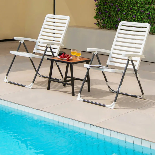 2 Pieces PP Folding Patio Chaise Lounger with 7-Level Backrest - White - Outdoor Chaise Lounges