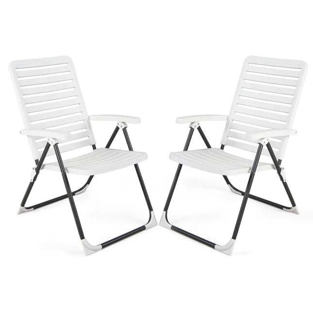2 Pieces PP Folding Patio Chaise Lounger with 7-Level Backrest - White - Outdoor Chaise Lounges