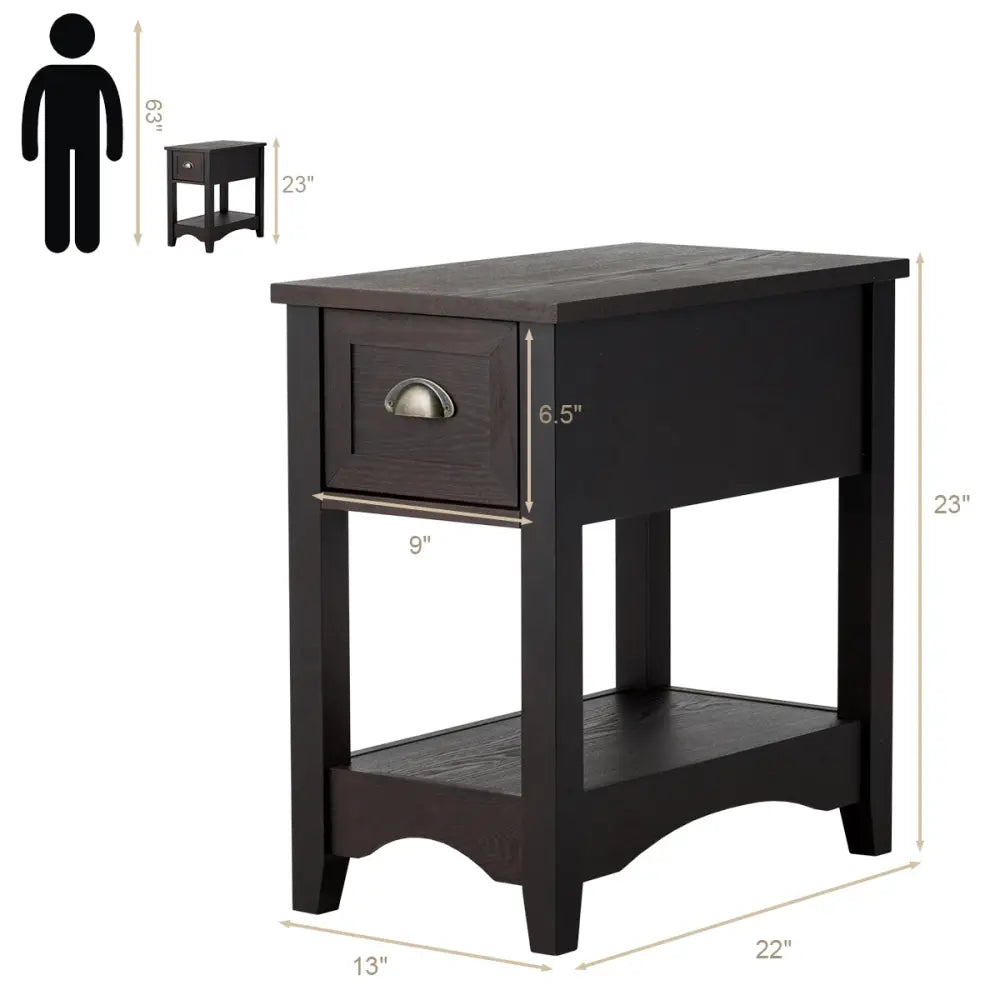 2 Pieces Retro Narrow Tiered End Table with Drawer and Storing Shelf-Brown - Brown - End & Side Tables