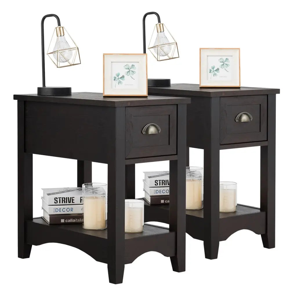 2 Pieces Retro Narrow Tiered End Table with Drawer and Storing Shelf-Brown - Brown - End & Side Tables