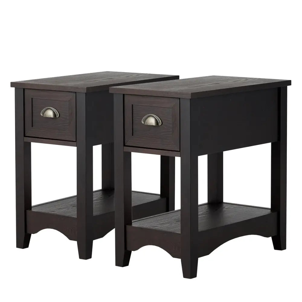 2 Pieces Retro Narrow Tiered End Table with Drawer and Storing Shelf-Brown - Brown - End & Side Tables