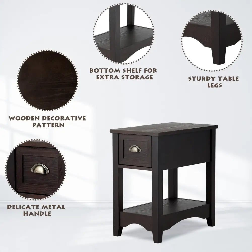 2 Pieces Retro Narrow Tiered End Table with Drawer and Storing Shelf-Brown - Brown - End & Side Tables