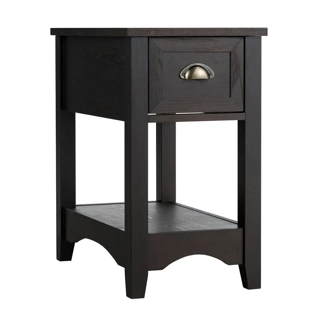 2 Pieces Retro Narrow Tiered End Table with Drawer and Storing Shelf-Brown - Brown - End & Side Tables