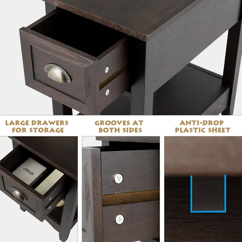 2 Pieces Retro Narrow Tiered End Table with Drawer and Storing Shelf-Brown - Brown - End & Side Tables
