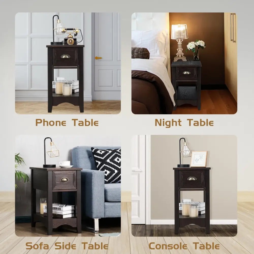 2 Pieces Retro Narrow Tiered End Table with Drawer and Storing Shelf-Brown - Brown - End & Side Tables