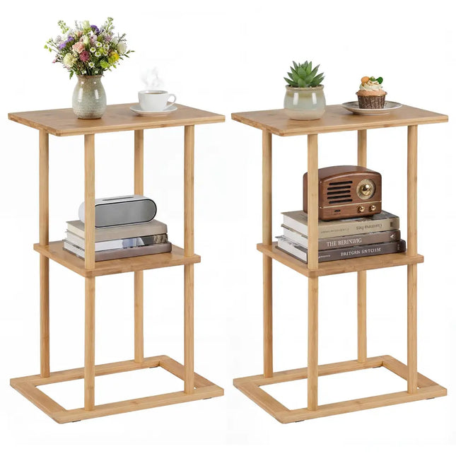 2 Pieces Side Table with Storage Shelves and Bamboo Construction-Natural Costway