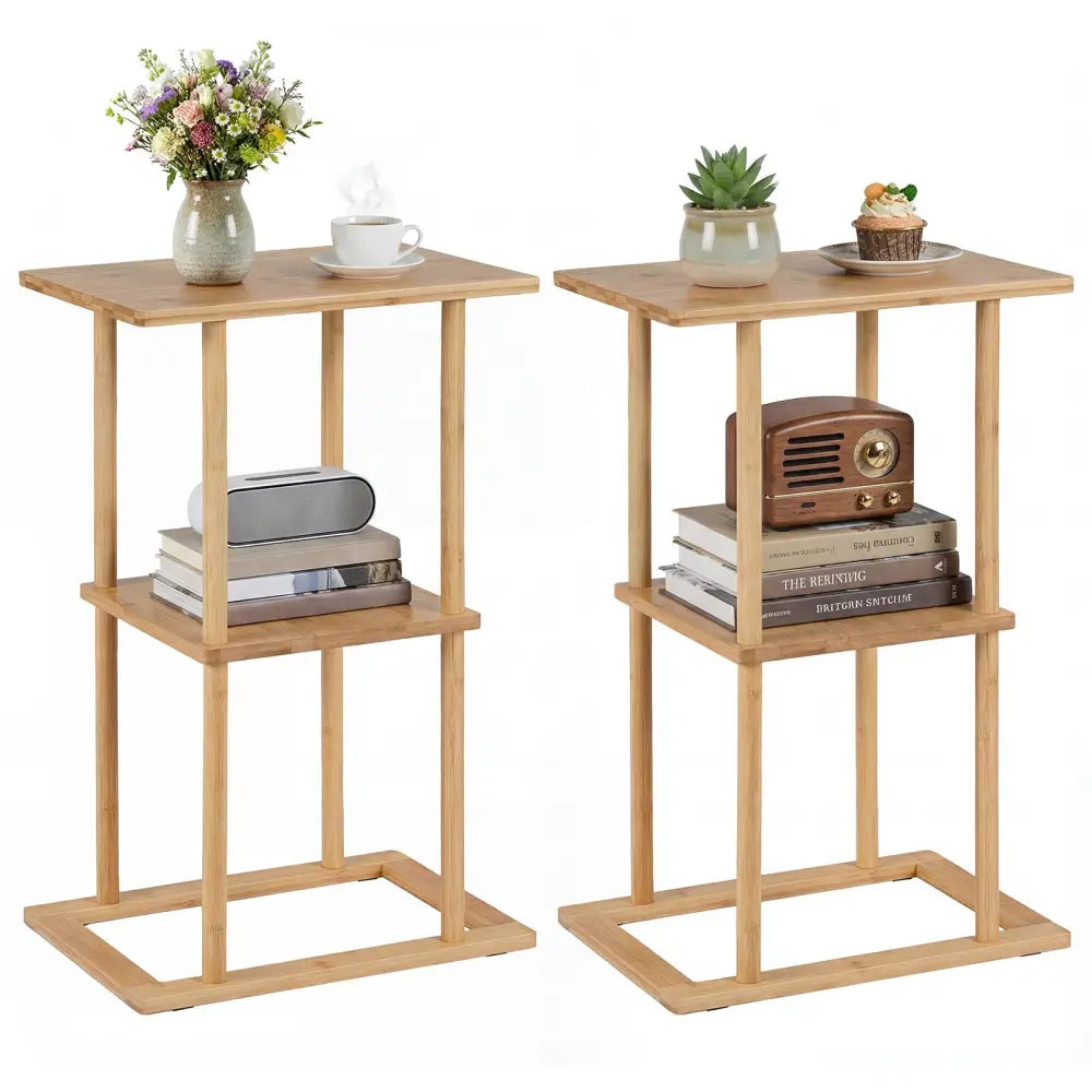 2 Pieces Side Table with Storage Shelves and Bamboo Construction-Natural Costway