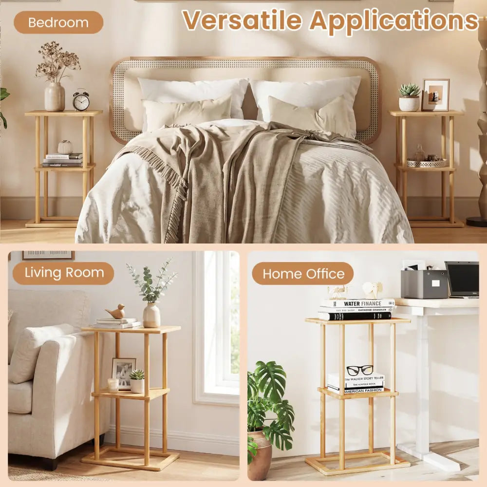 2 Pieces Side Table with Storage Shelves and Bamboo Construction-Natural - Natural - End & Side Tables