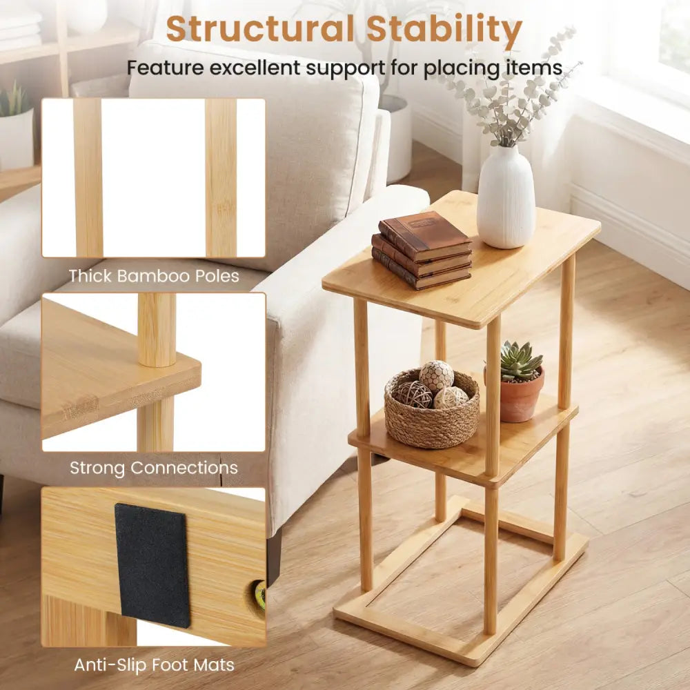 2 Pieces Side Table with Storage Shelves and Bamboo Construction-Natural - Natural - End & Side Tables