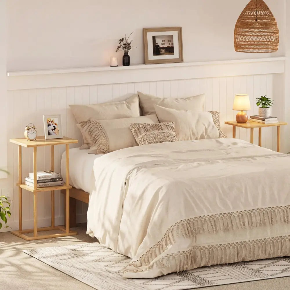 2 Pieces Side Table with Storage Shelves and Bamboo Construction-Natural - Natural - End & Side Tables