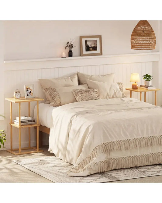 2 Pieces Side Table with Storage Shelves and Bamboo Construction-Natural - Natural - End & Side Tables