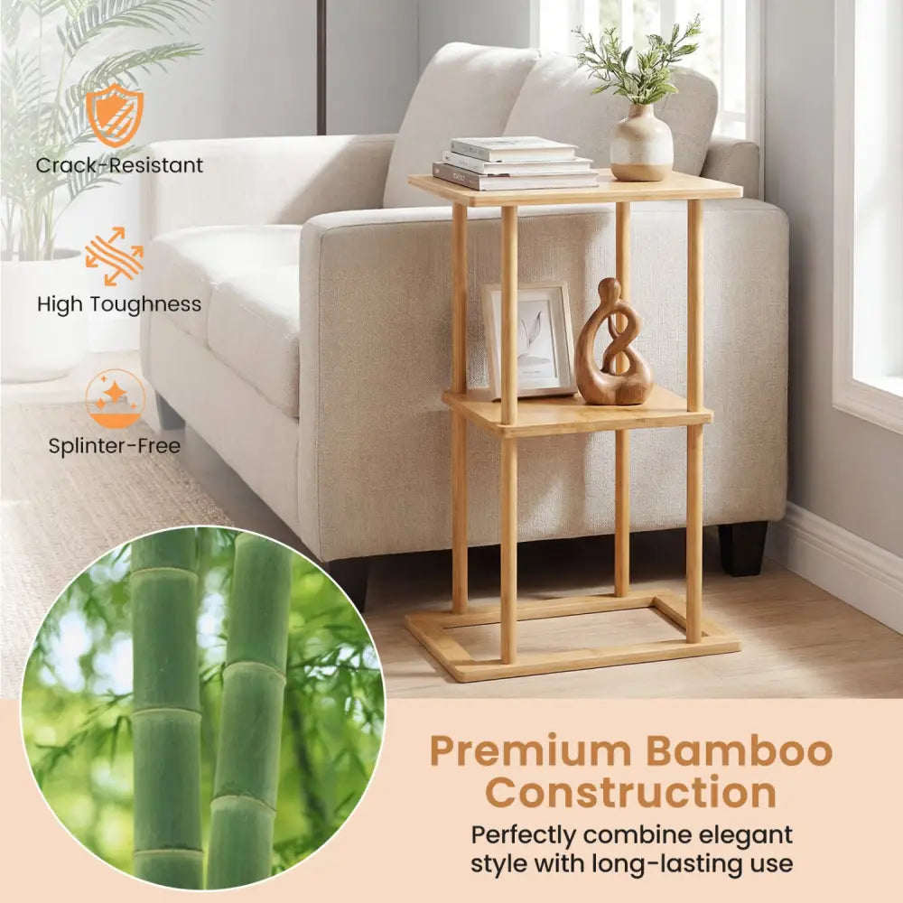2 Pieces Side Table with Storage Shelves and Bamboo Construction-Natural - Natural - End & Side Tables