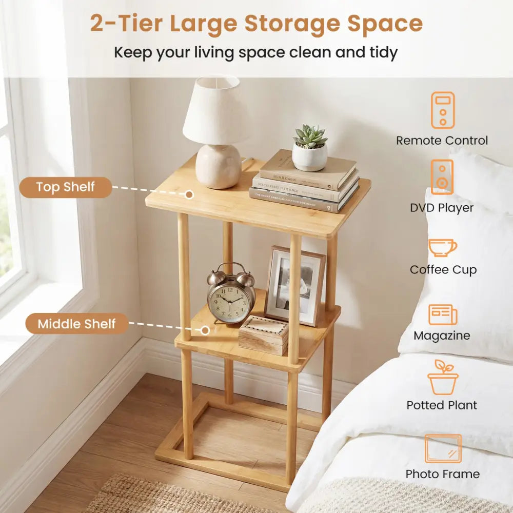2 Pieces Side Table with Storage Shelves and Bamboo Construction-Natural - Natural - End & Side Tables