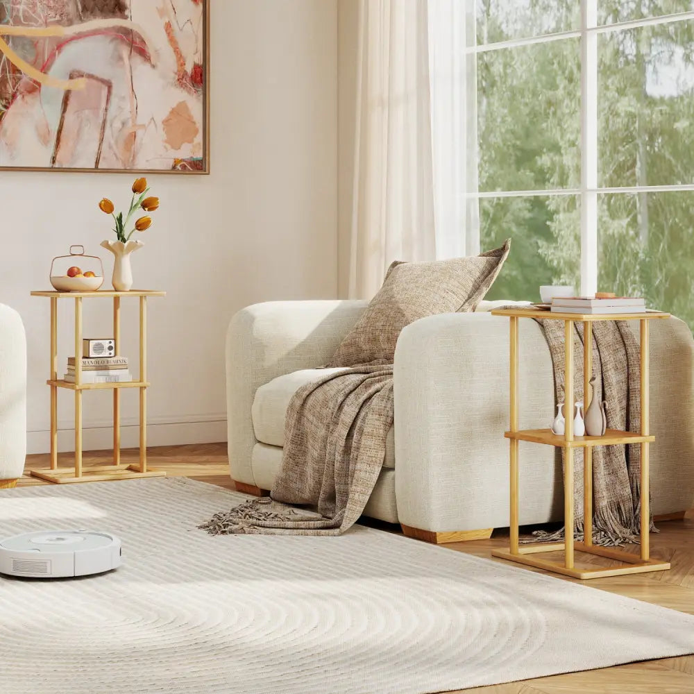 2 Pieces Side Table with Storage Shelves and Bamboo Construction-Natural - Natural - End & Side Tables