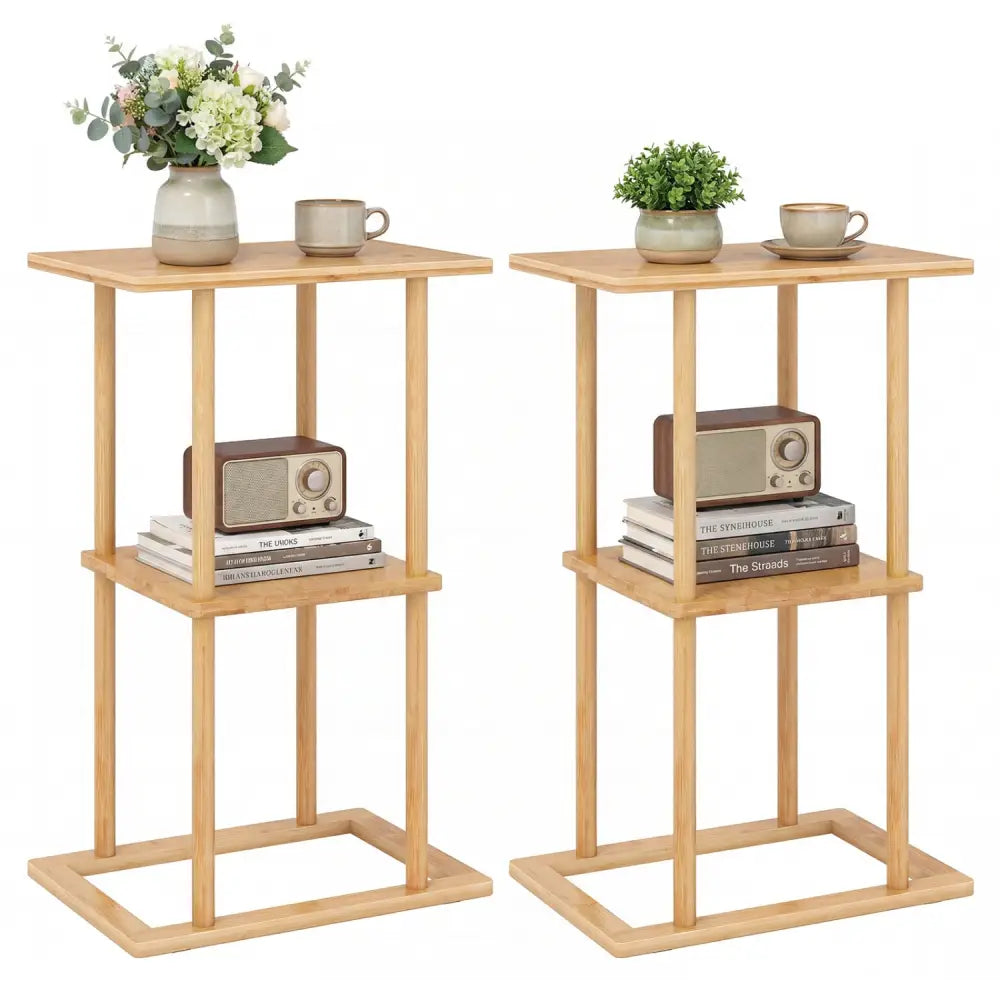 2 Pieces Side Table with Storage Shelves and Bamboo Construction-Natural - Natural - End & Side Tables