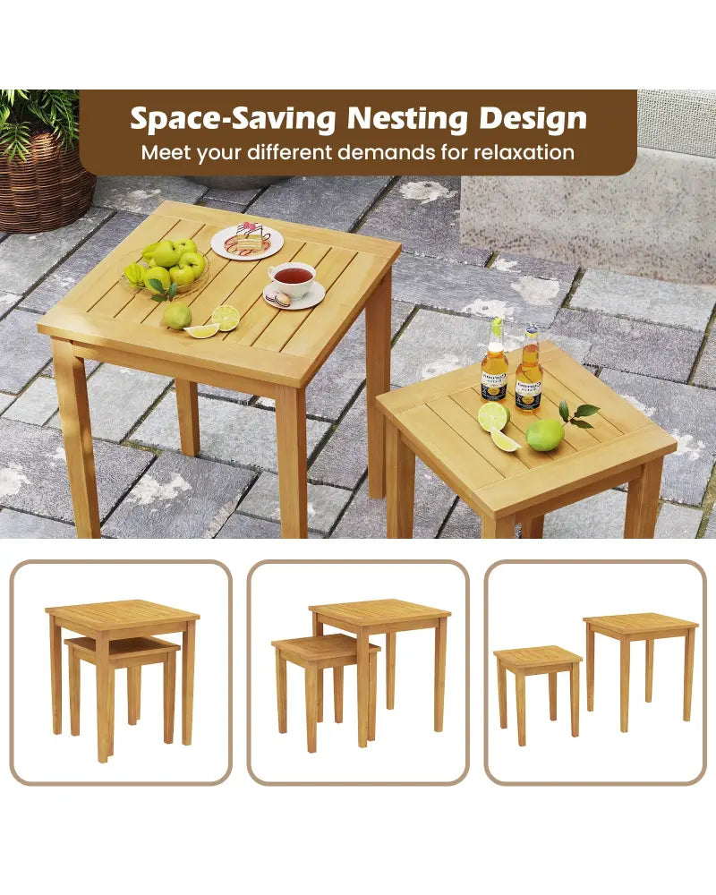 2 Pieces Space Saving Design Teak Wood Outdoor Patio Nesting Table - Natural - Patio Coffee Tables