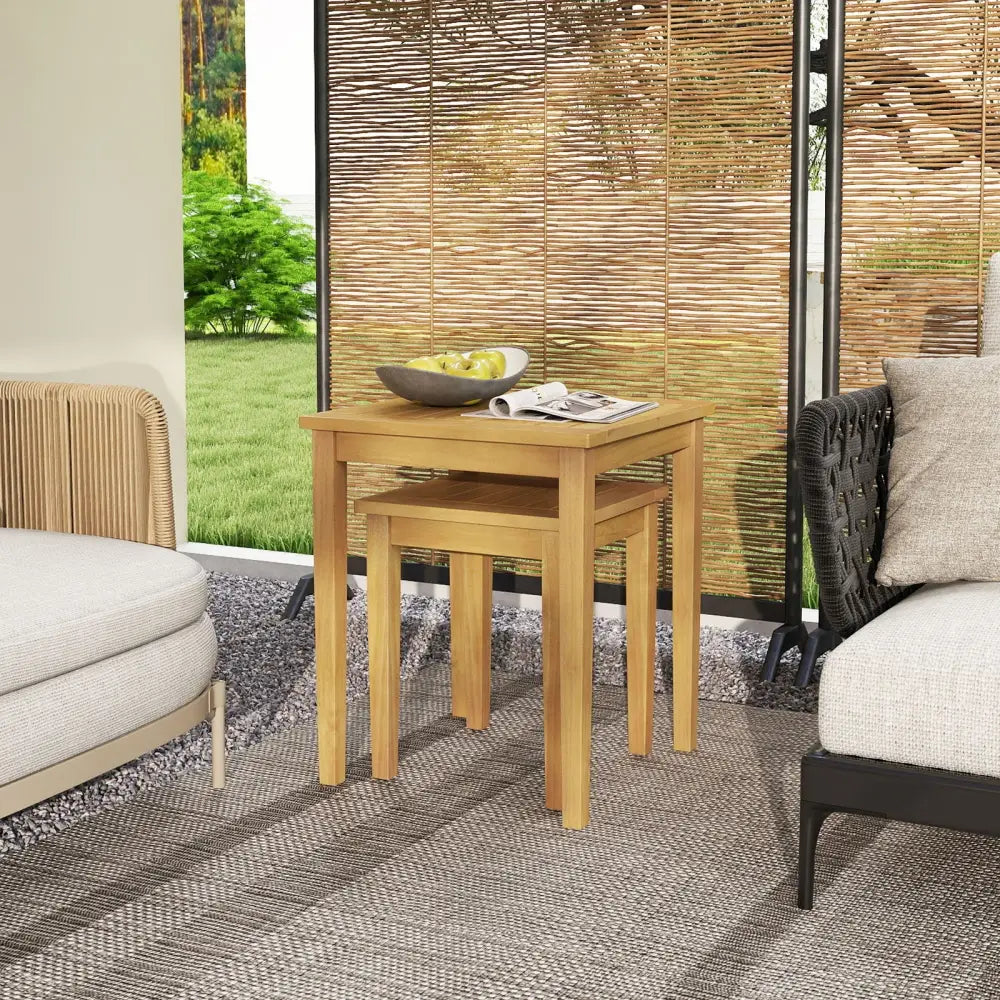 2 Pieces Space Saving Design Teak Wood Outdoor Patio Nesting Table - Natural - Patio Coffee Tables