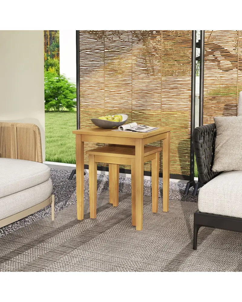 2 Pieces Space Saving Design Teak Wood Outdoor Patio Nesting Table - Natural - Patio Coffee Tables