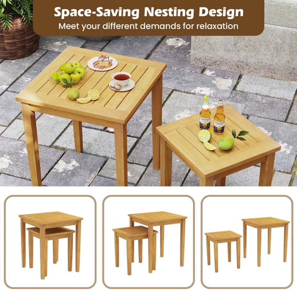 2 Pieces Space Saving Design Teak Wood Outdoor Patio Nesting Table - Natural - Patio Coffee Tables