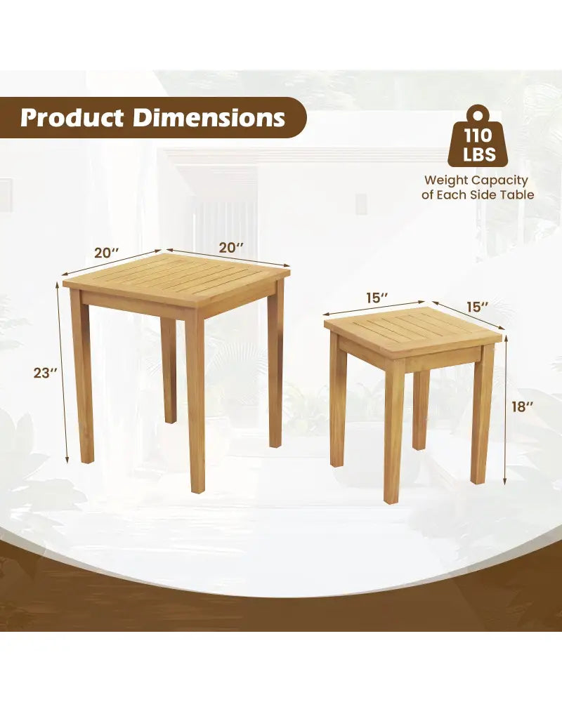 2 Pieces Space Saving Design Teak Wood Outdoor Patio Nesting Table - Natural - Patio Coffee Tables