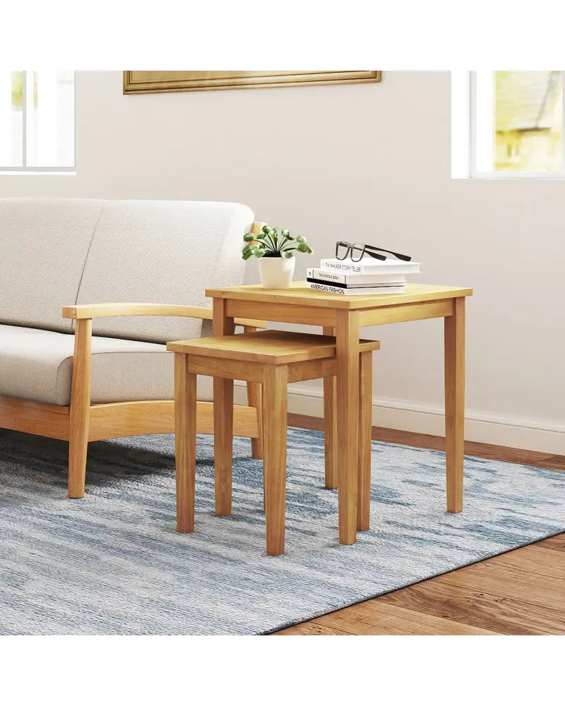 2 Pieces Space Saving Design Teak Wood Outdoor Patio Nesting Table - Natural - Patio Coffee Tables