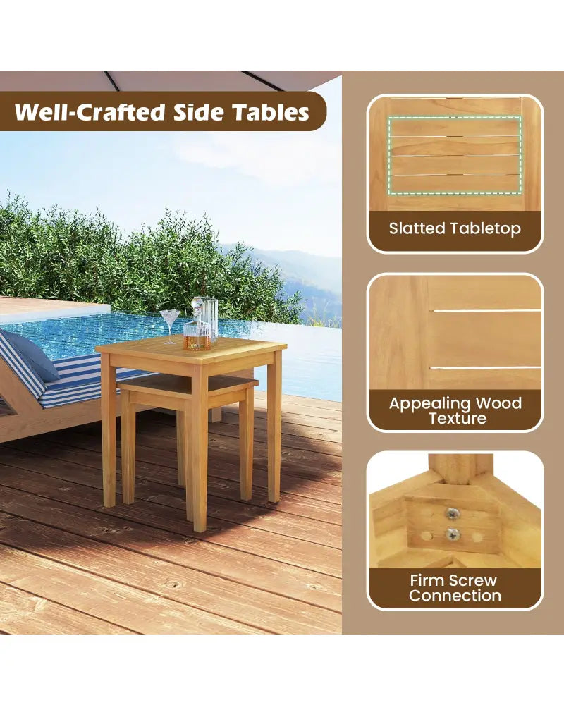 2 Pieces Space Saving Design Teak Wood Outdoor Patio Nesting Table - Natural - Patio Coffee Tables