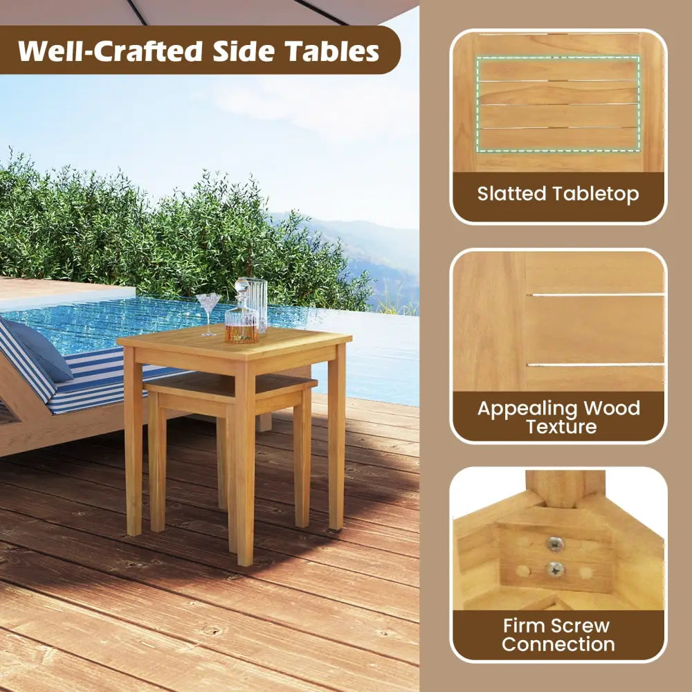 2 Pieces Space Saving Design Teak Wood Outdoor Patio Nesting Table - Natural - Patio Coffee Tables