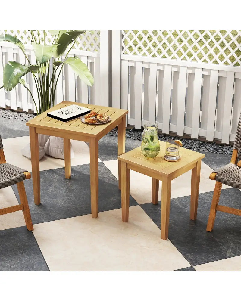 2 Pieces Space Saving Design Teak Wood Outdoor Patio Nesting Table - Natural - Patio Coffee Tables