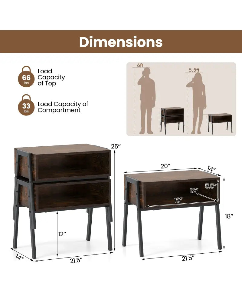 2 Pieces Stackable Night Stand Bedside End Table Set - Rustic Brown - Nightstands