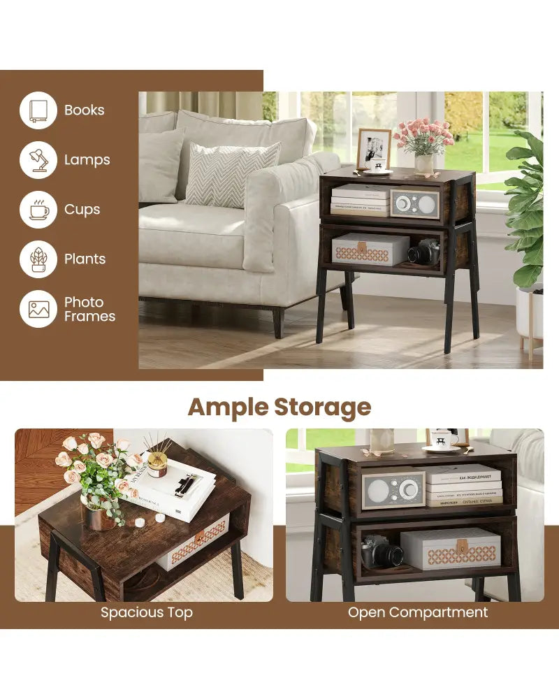 2 Pieces Stackable Night Stand Bedside End Table Set - Rustic Brown - Nightstands