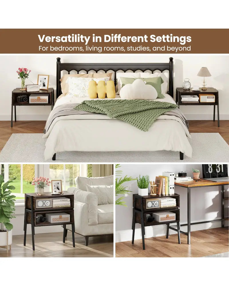 2 Pieces Stackable Night Stand Bedside End Table Set - Rustic Brown - Nightstands
