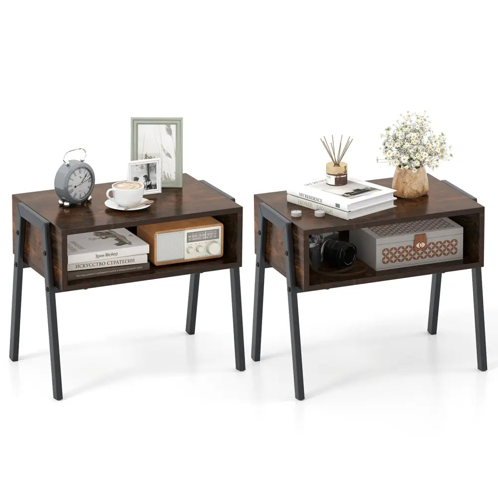 2 Pieces Stackable Night Stand Bedside End Table Set - Rustic Brown - Nightstands