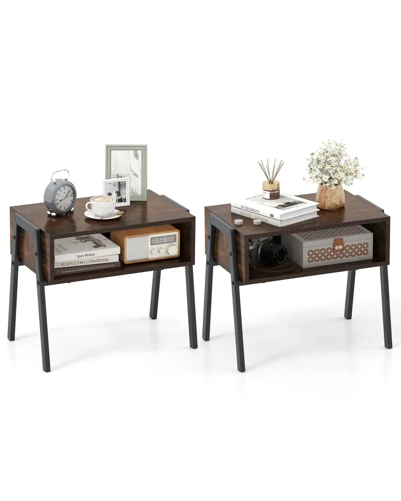 2 Pieces Stackable Night Stand Bedside End Table Set - Rustic Brown - Nightstands