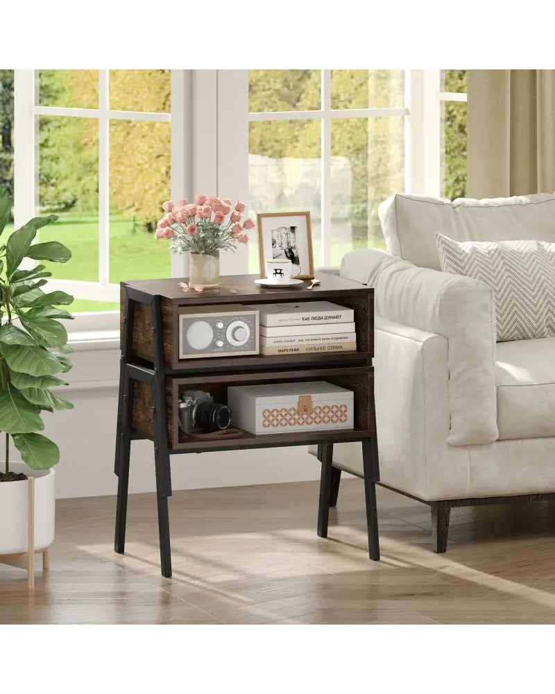 2 Pieces Stackable Night Stand Bedside End Table Set - Rustic Brown - Nightstands