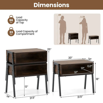 2 Pieces Stackable Night Stand Bedside End Table Set Costway