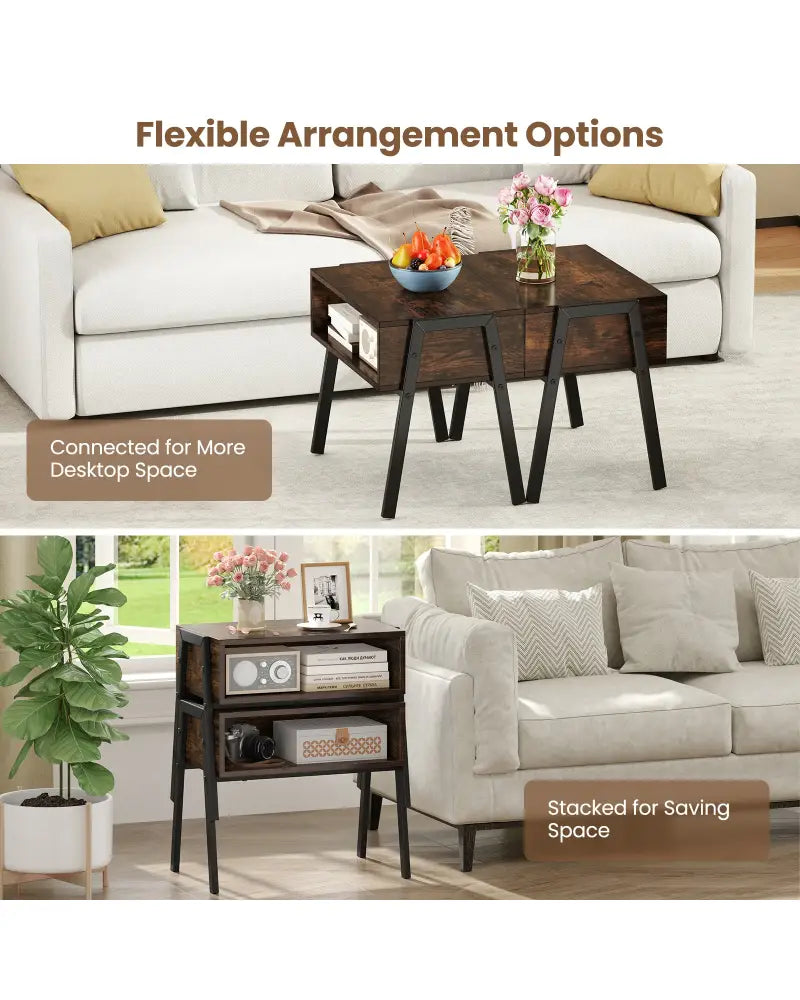 2 Pieces Stackable Night Stand Bedside End Table Set - Rustic Brown - Nightstands