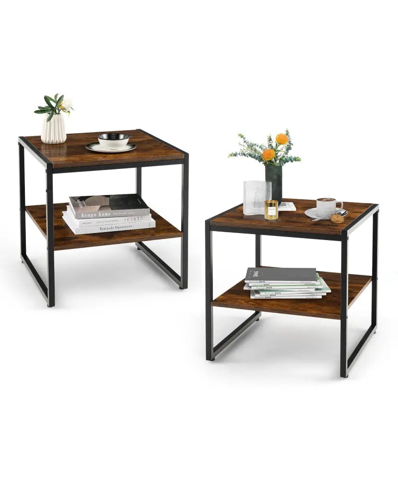 2 Pieces 2-Tier 20 Inch Square End Side Table for Living Room Bedroom-Rustic Brown - Rustic Brown - End & Side Tables