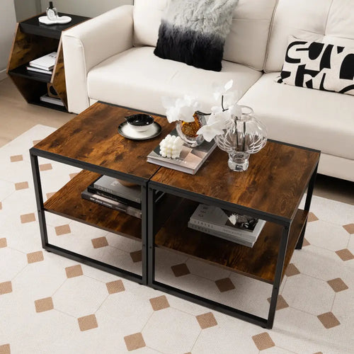 2 Pieces 2-Tier 20 Inch Square End Side Table for Living Room Bedroom-Rustic Brown - Rustic Brown - End & Side Tables