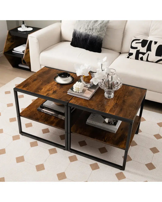 2 Pieces 2-Tier 20 Inch Square End Side Table for Living Room Bedroom-Rustic Brown - Rustic Brown - End & Side Tables