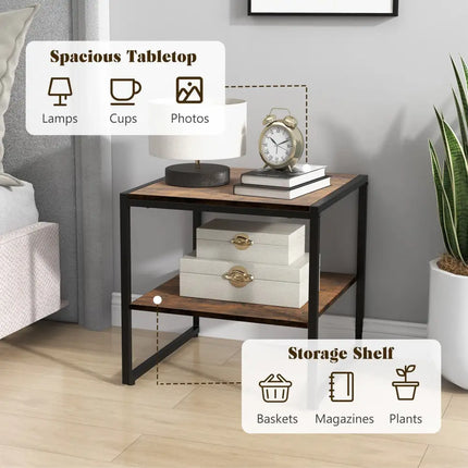 2 Pieces 2-Tier 20 Inch Square End Side Table for Living Room Bedroom-Rustic Brown Costway