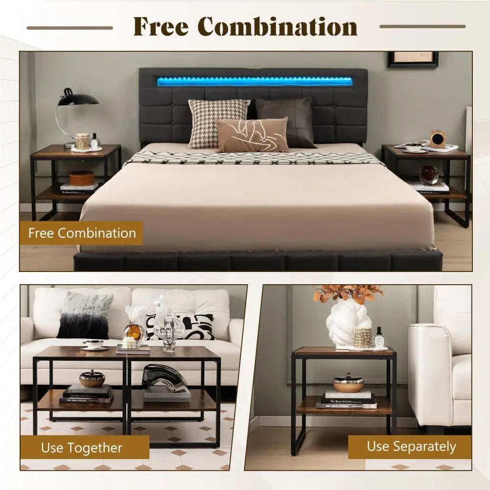 2 Pieces 2-Tier 20 Inch Square End Side Table for Living Room Bedroom-Rustic Brown Costway