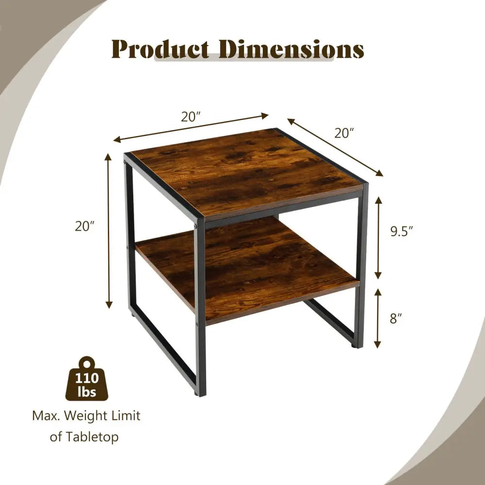 2 Pieces 2-Tier 20 Inch Square End Side Table for Living Room Bedroom-Rustic Brown Costway